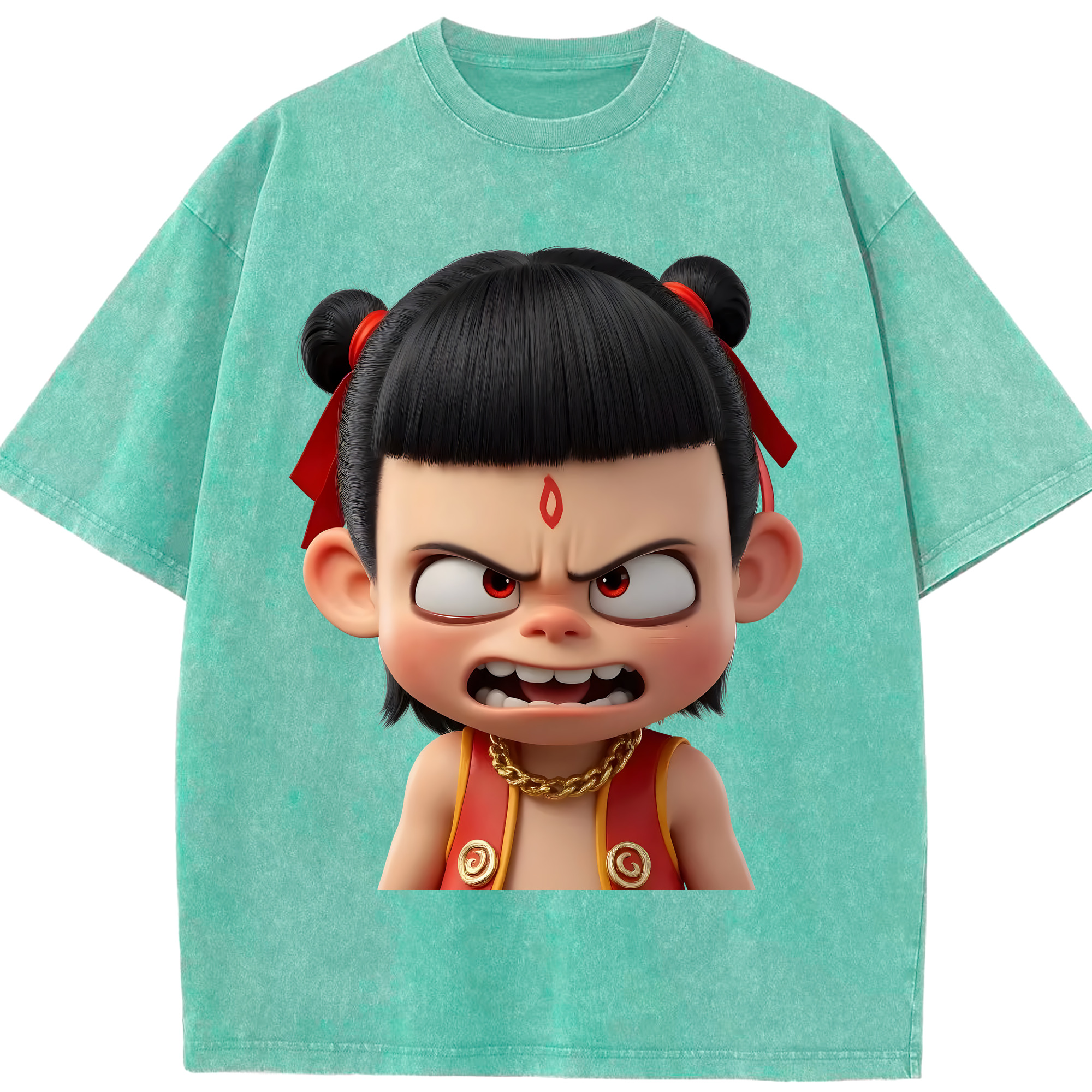 （画像用） Ne Zha 2 ナタ 魔童の大暴れ 綿100% ヴィンテージ風 半袖Tシャツ（フロントプリント）